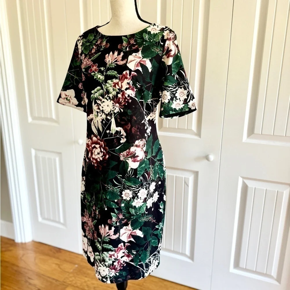 Calvin Klein Floral Scuba Sheath Dress 10 Black Pink Wedding Guest Midi